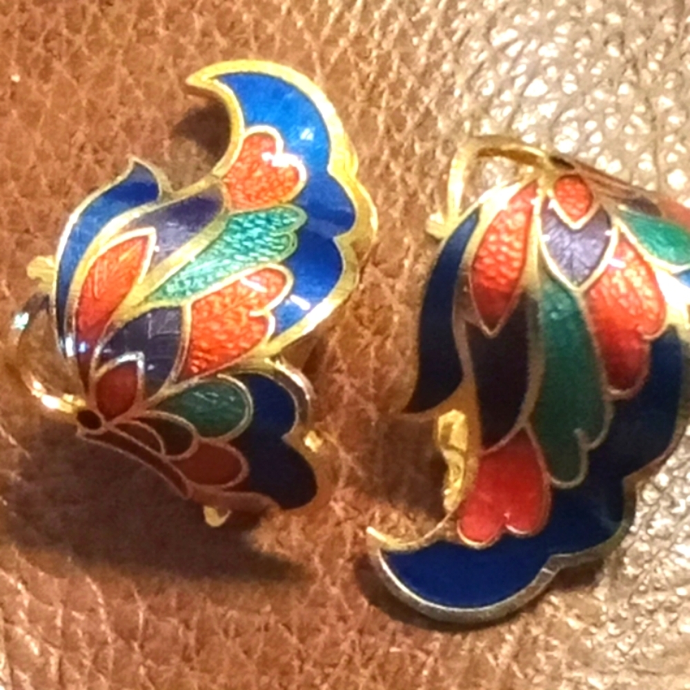 Vintage 70s Blue and Red Cloisonné Earrings with Gold tone Accents